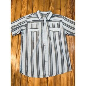 Bit & Bridle Shirt Sz L Blue Striped Pearl Snap Short Sleeve Western Barn